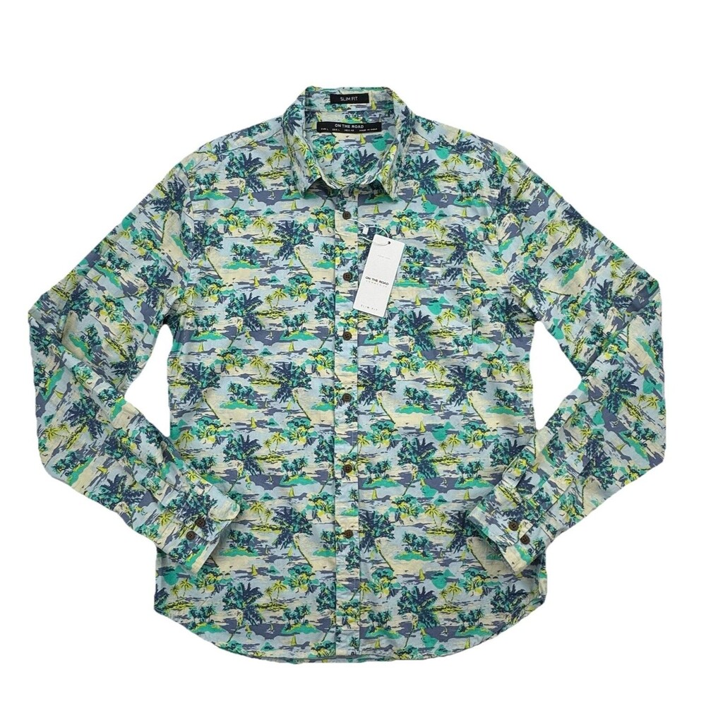On The Road Slim Fit Tropical Palm Shirt Mens L NWT Cotton Hawaiian Beach